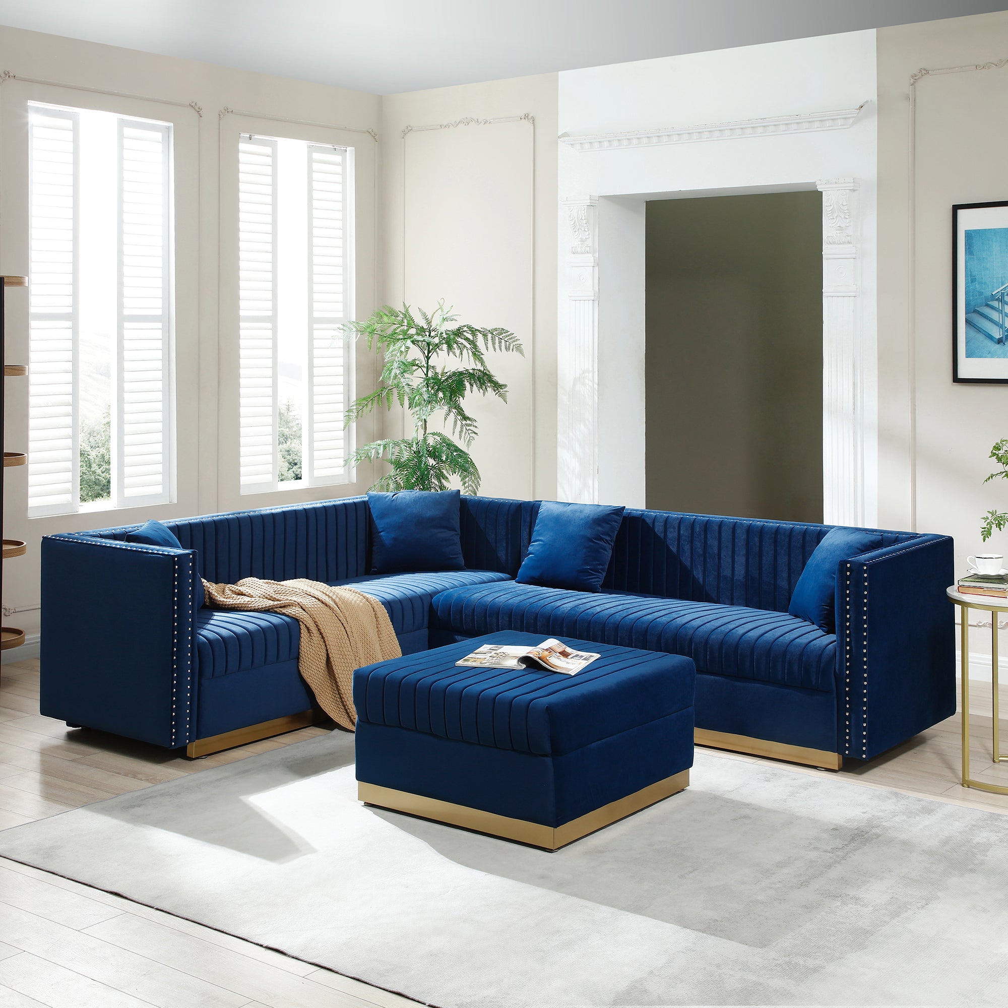 Milano Luxury Velvet Sectional With Ottoman, Vertical Channel Tufted with Gold Finish legs