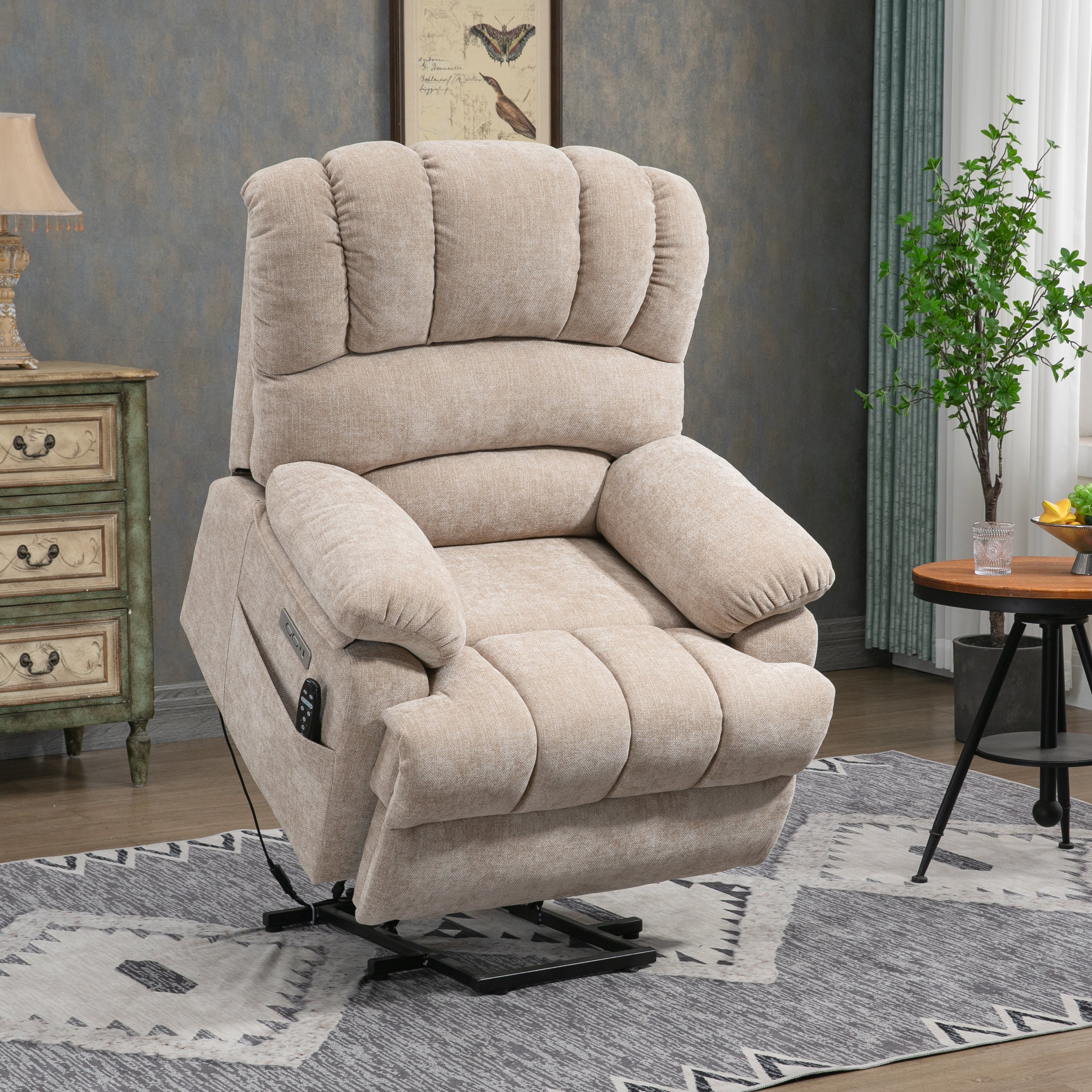 Newton Oversized Chenille Power Lift Recliner Chair With 8-Point Vibration Massage and Lumbar Heating