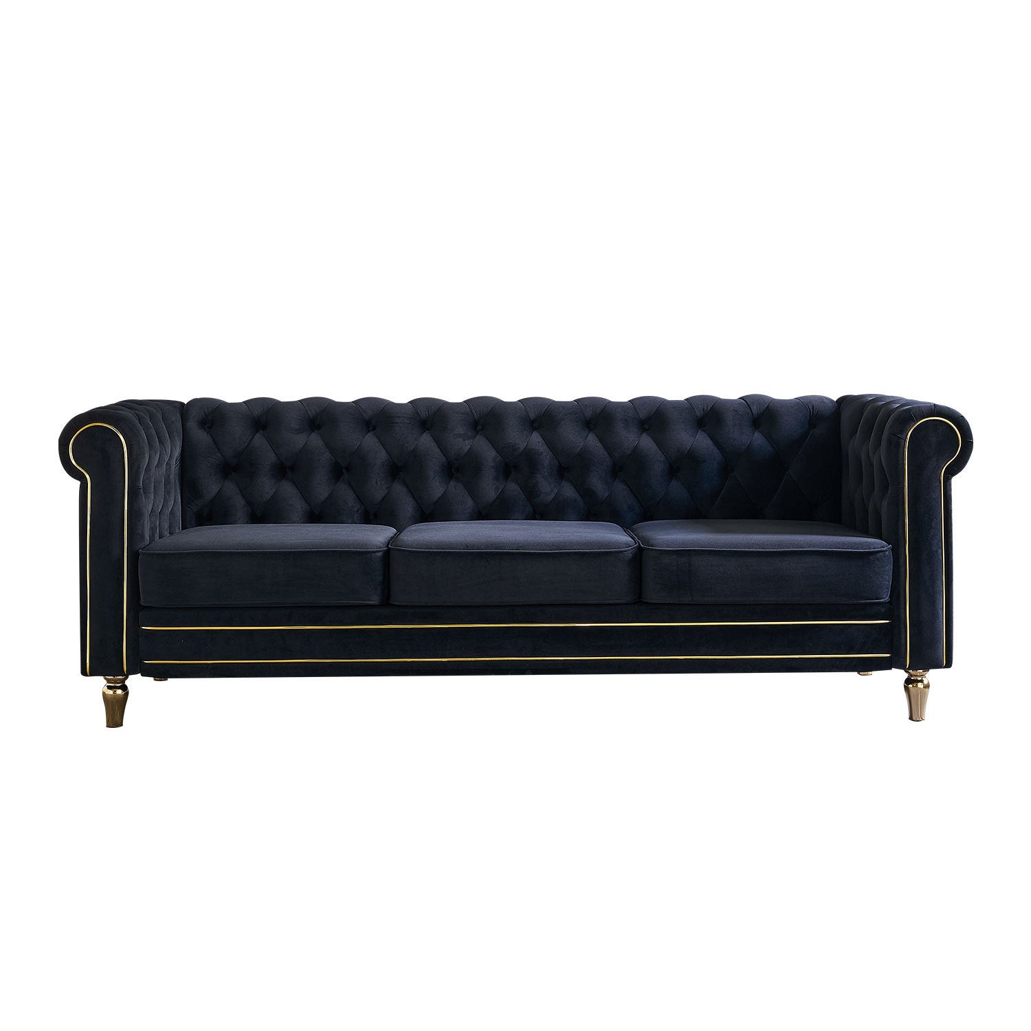 84" Black Velvet Chesterfield Sofa With Gold Trim and Metal legs