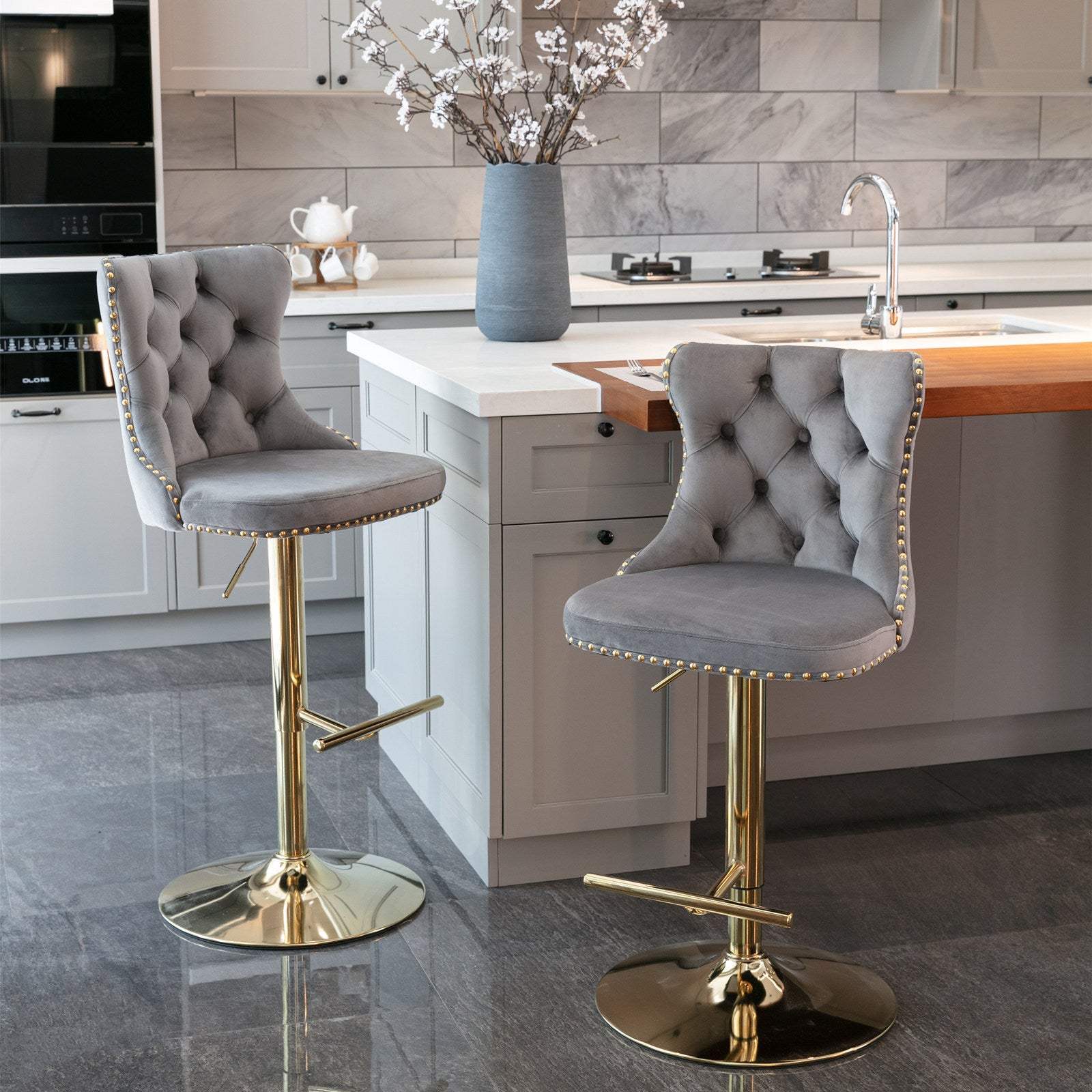 Set of 2 Gray Velvet Modern Swivel Adjustable Height Bar Stools with Gold Legs