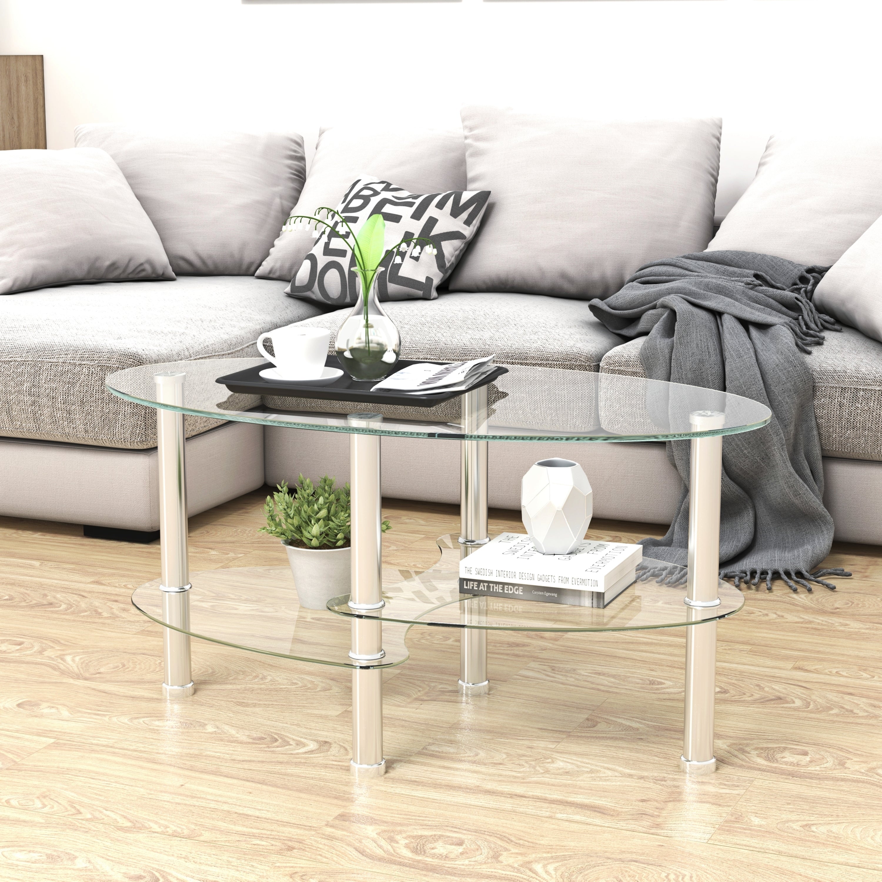 Modern Oval 3 Tier Clear Glass Coffee Table with Stainless Legs