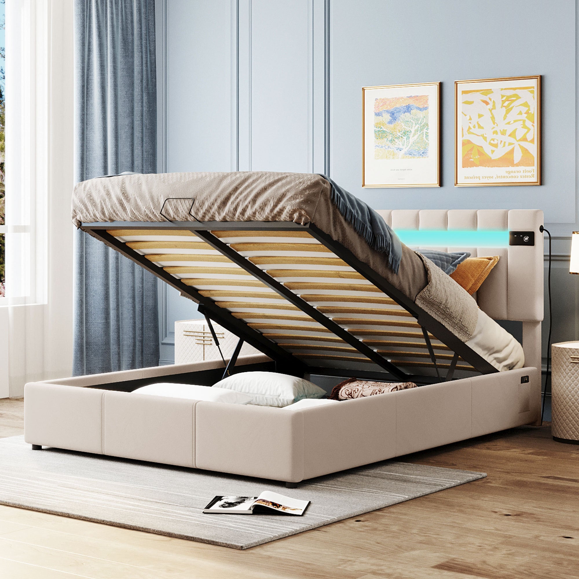 Miami Queen Size beige Velvet Hydraulic Lift Up Storage Platform Bed with LED Light, Bluetooth Player and USB Charging