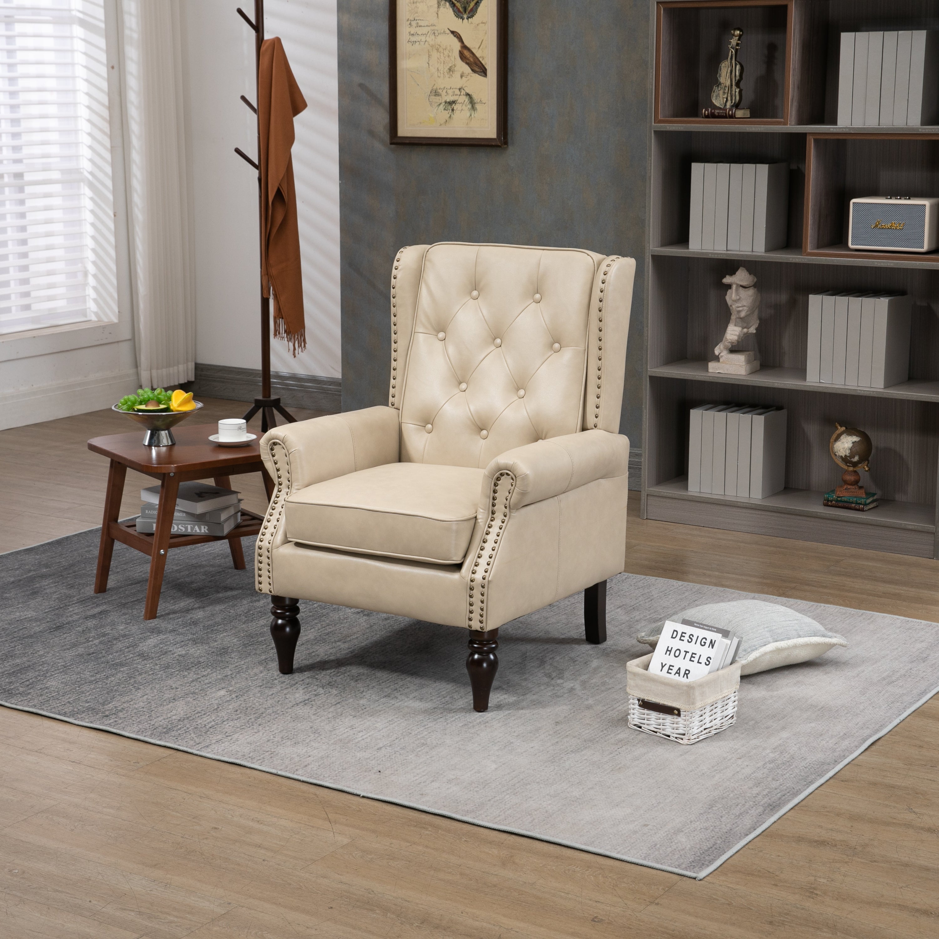 Wallace Beige Faux Leather Wing Accent Chair with Tufted Back and Nailhead