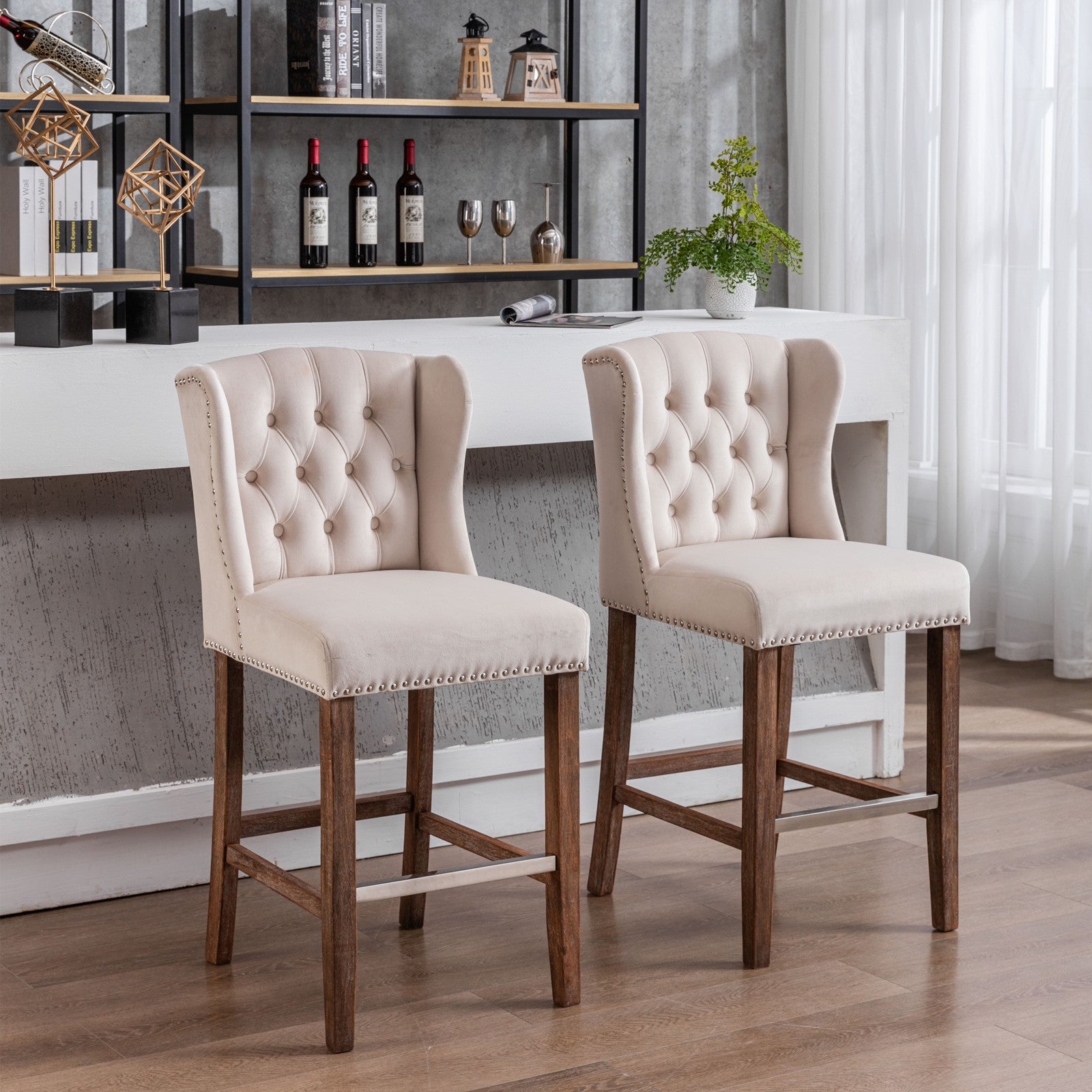 Set of 2 Beige Velvet Counter Stools with Tufted Back and Wingback