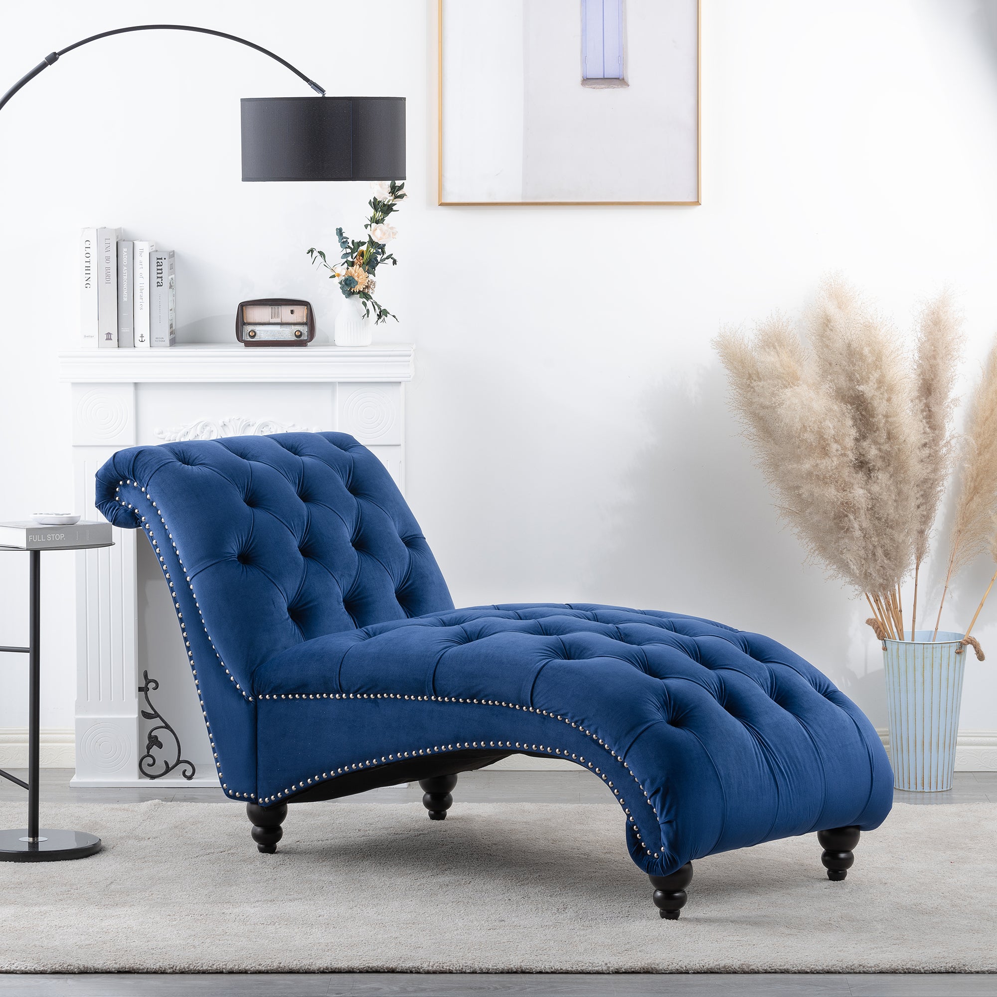 Madison Blue Velvet Tufted Cushion Chaise Lounge with Nailhead Trim