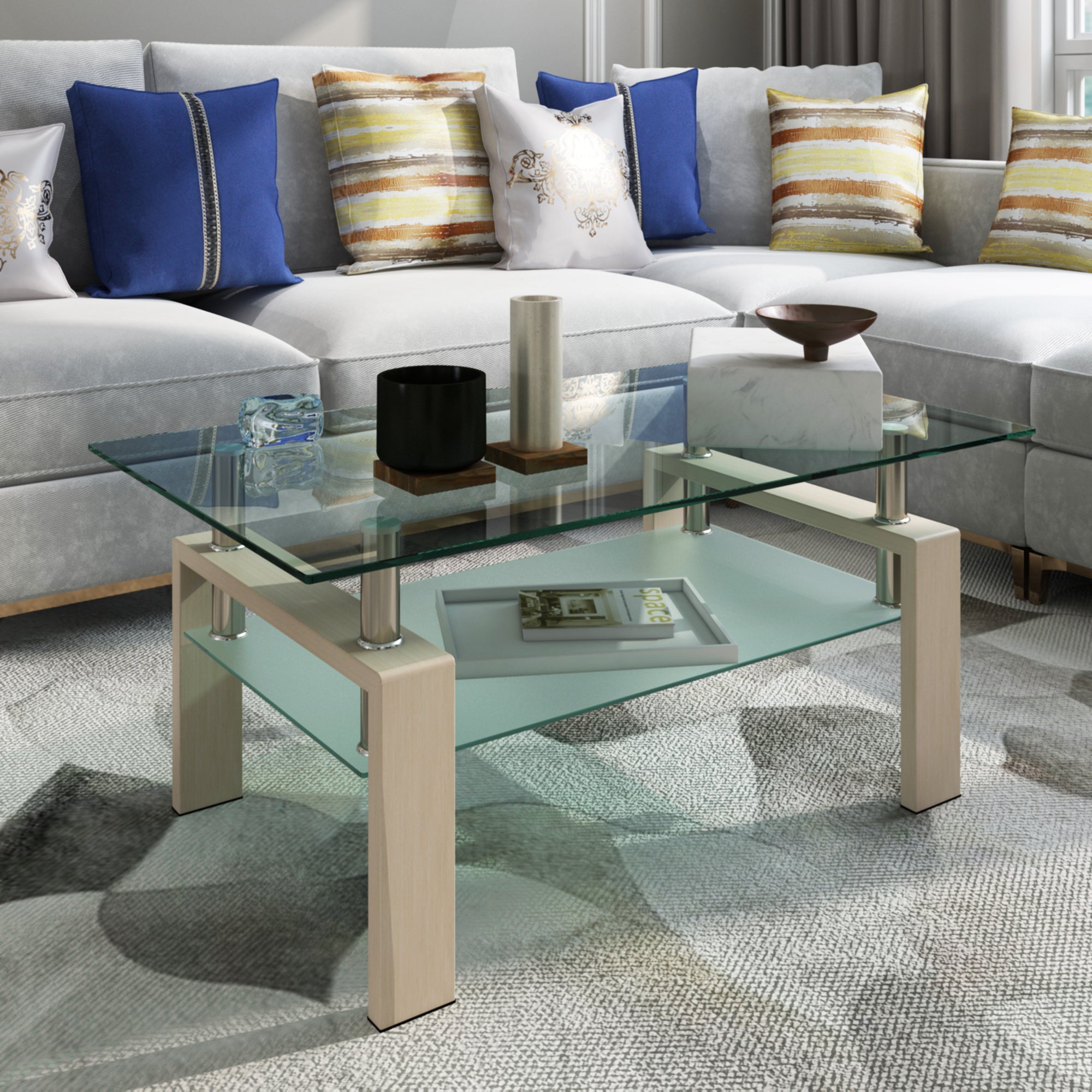 Luna Rectangle  Glass Coffee Table With Light Oak Metal Legs