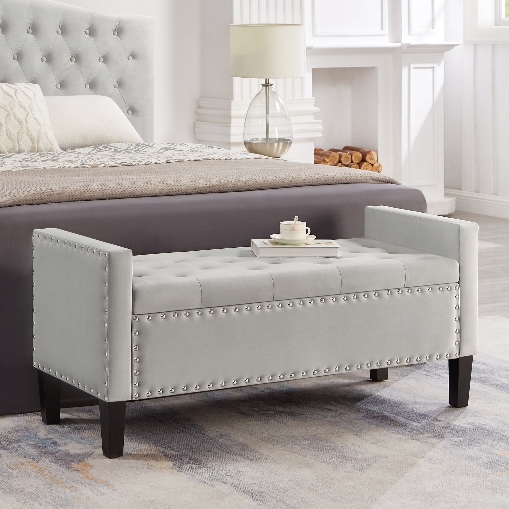 48" Velvet Tufted Storage Seating Bench with Nailhead Trim 