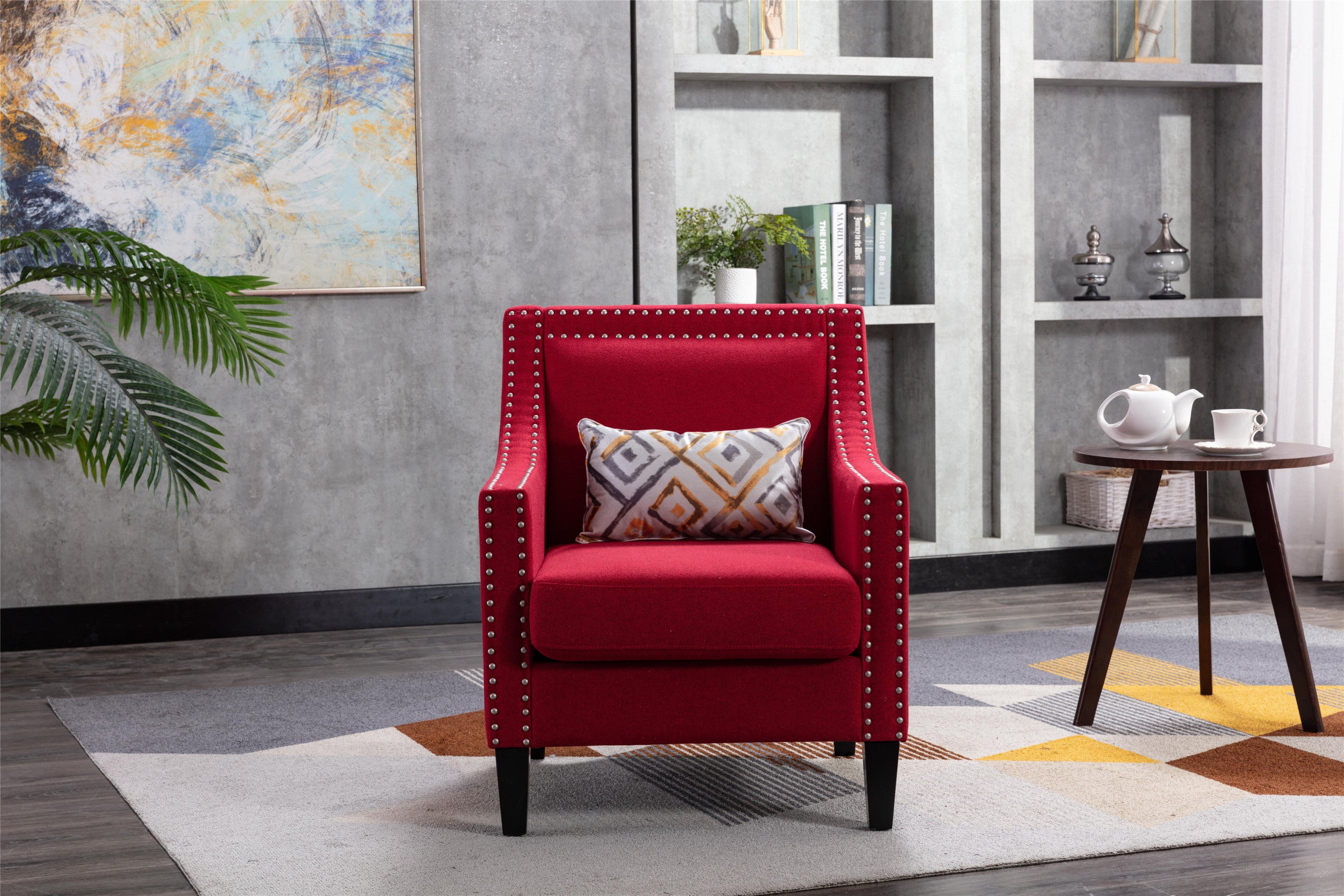 Vegas Red Linen Accent Chair With Tufted Back and Nailhead Trim