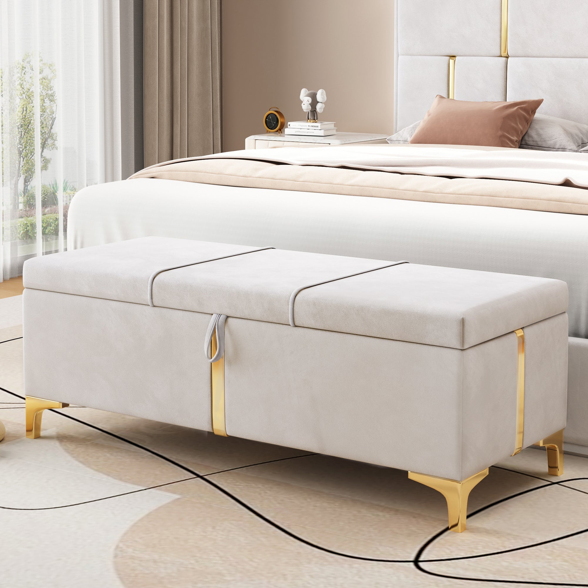 47" beige Velvet Upholstered Storage Ottoman Bench with Golden Strip and legs