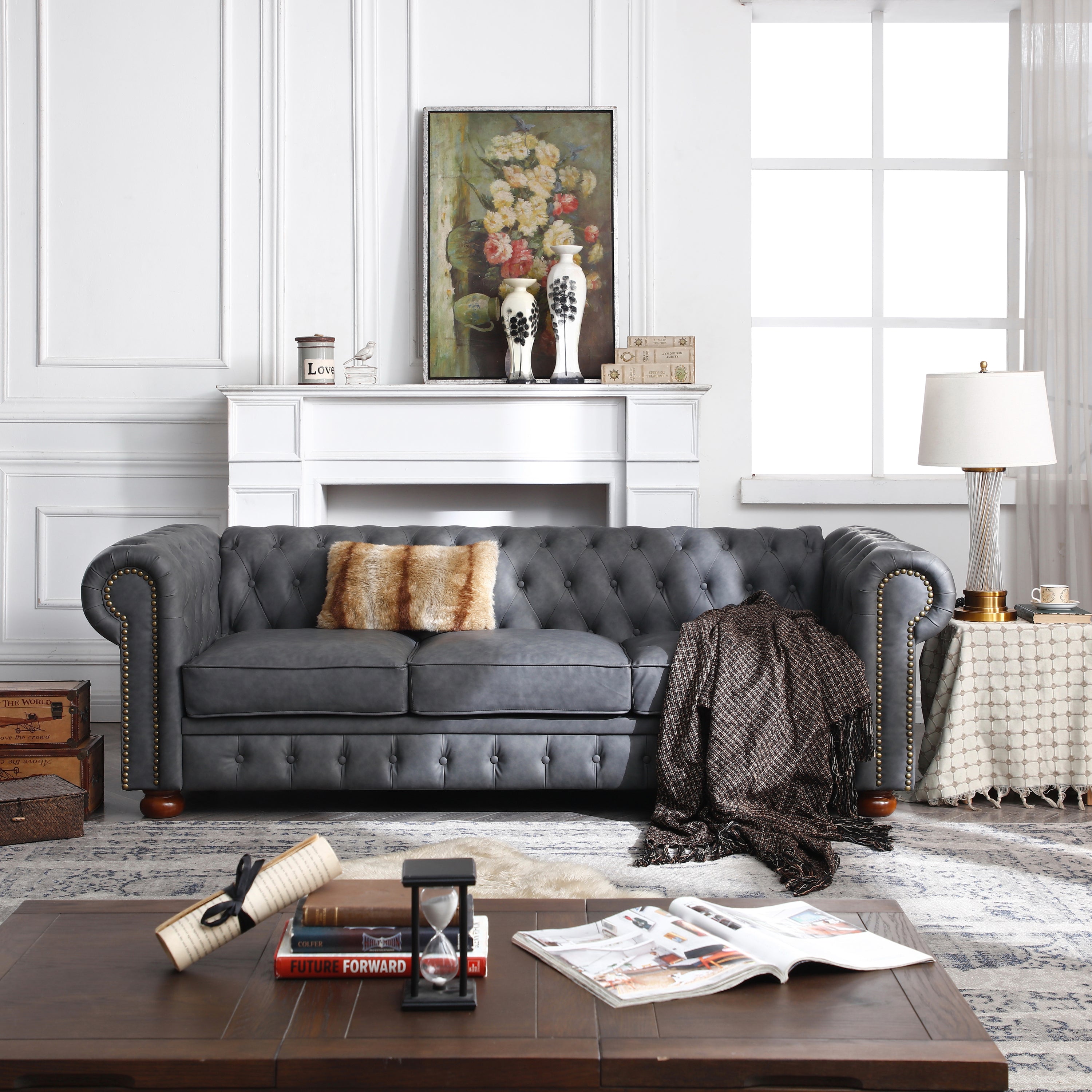 Calvin 88.5" Gray Faux Leather Chesterfield Sofa