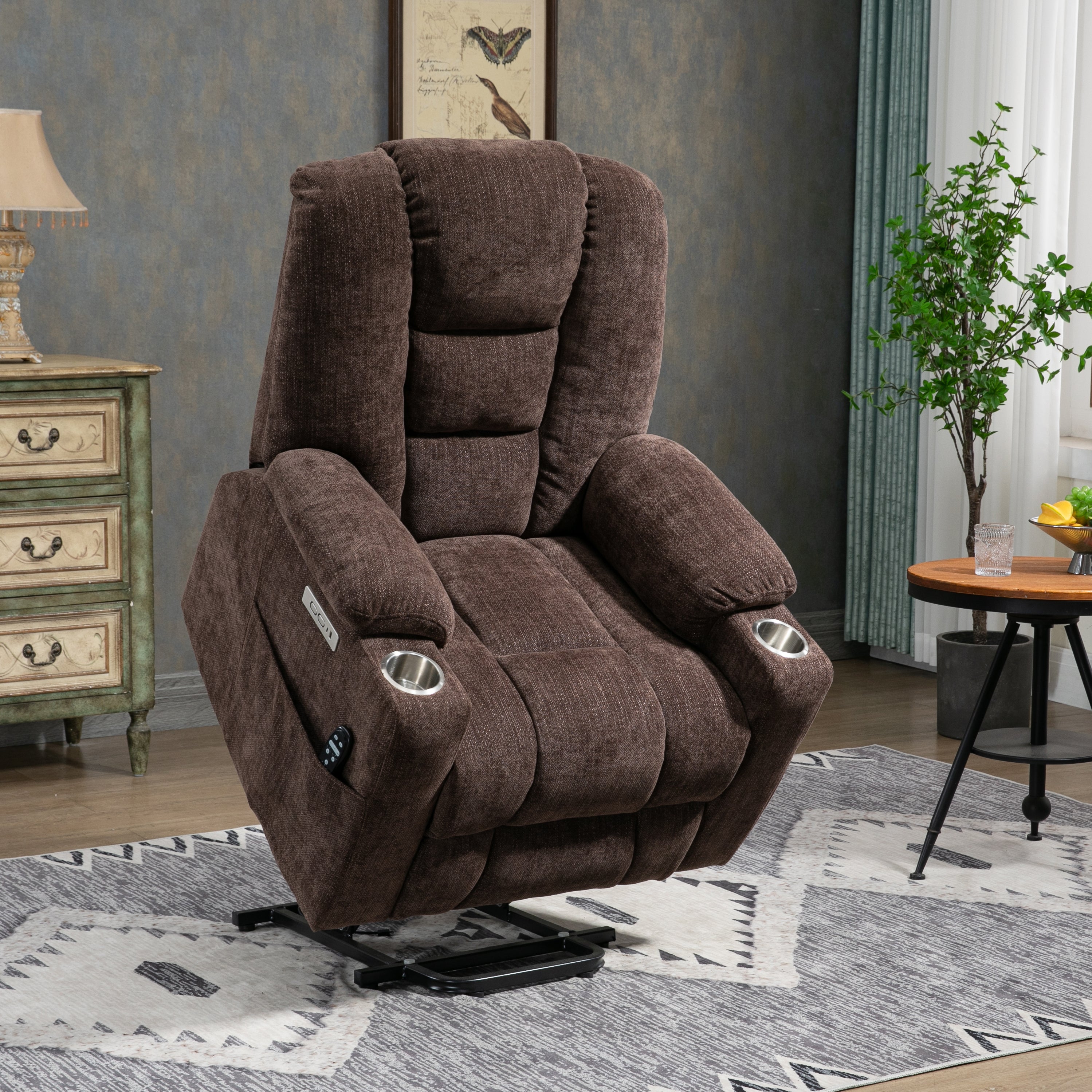 Jameson brown Chenille Fabric Power Lift Recliner Chair with Massage and Heat 