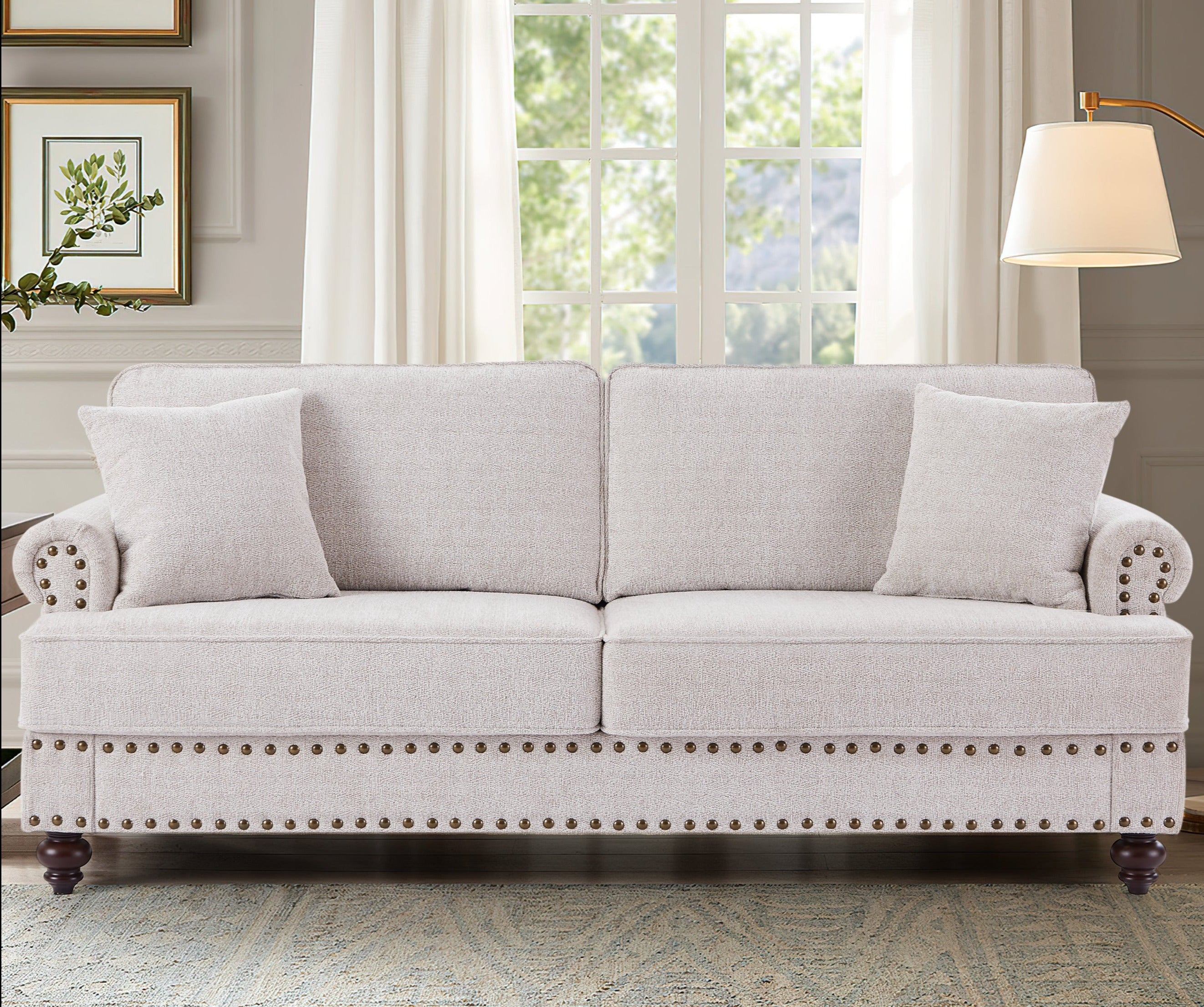 82" Oatmeal Chenille Sofa with Nailhead Trim 