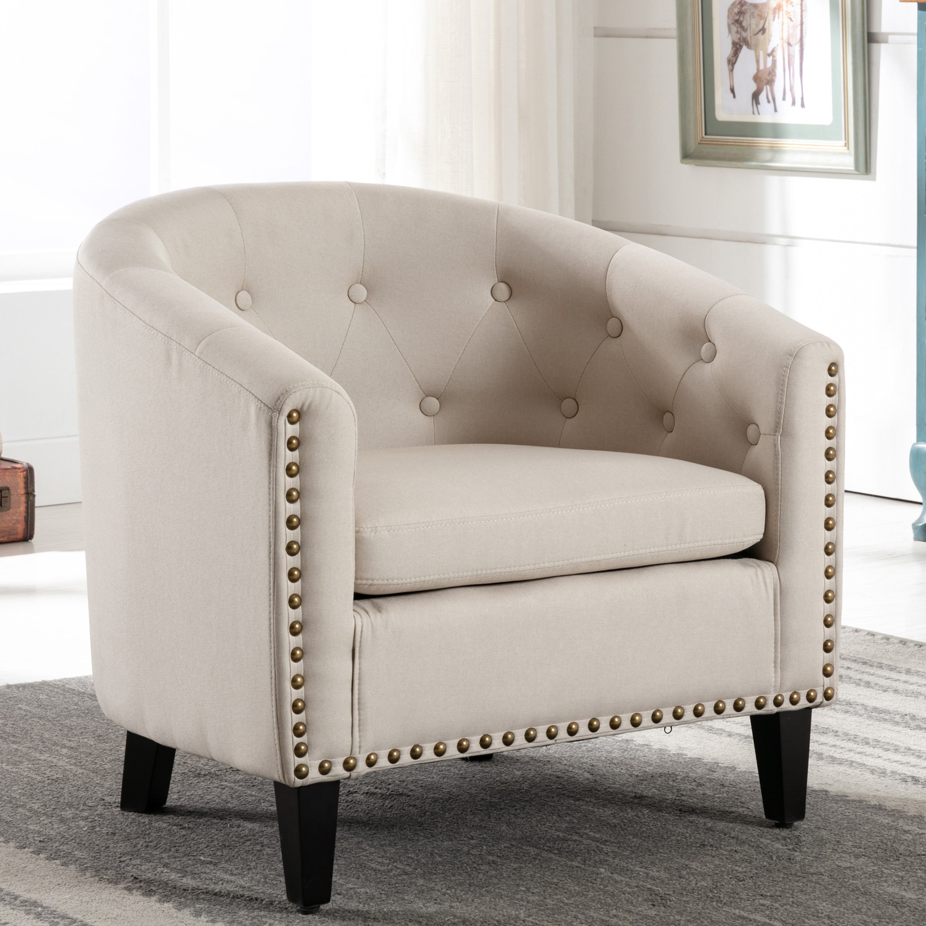 Tan linen Fabric Tufted Barrel Accent Chair with Nailhead Trim