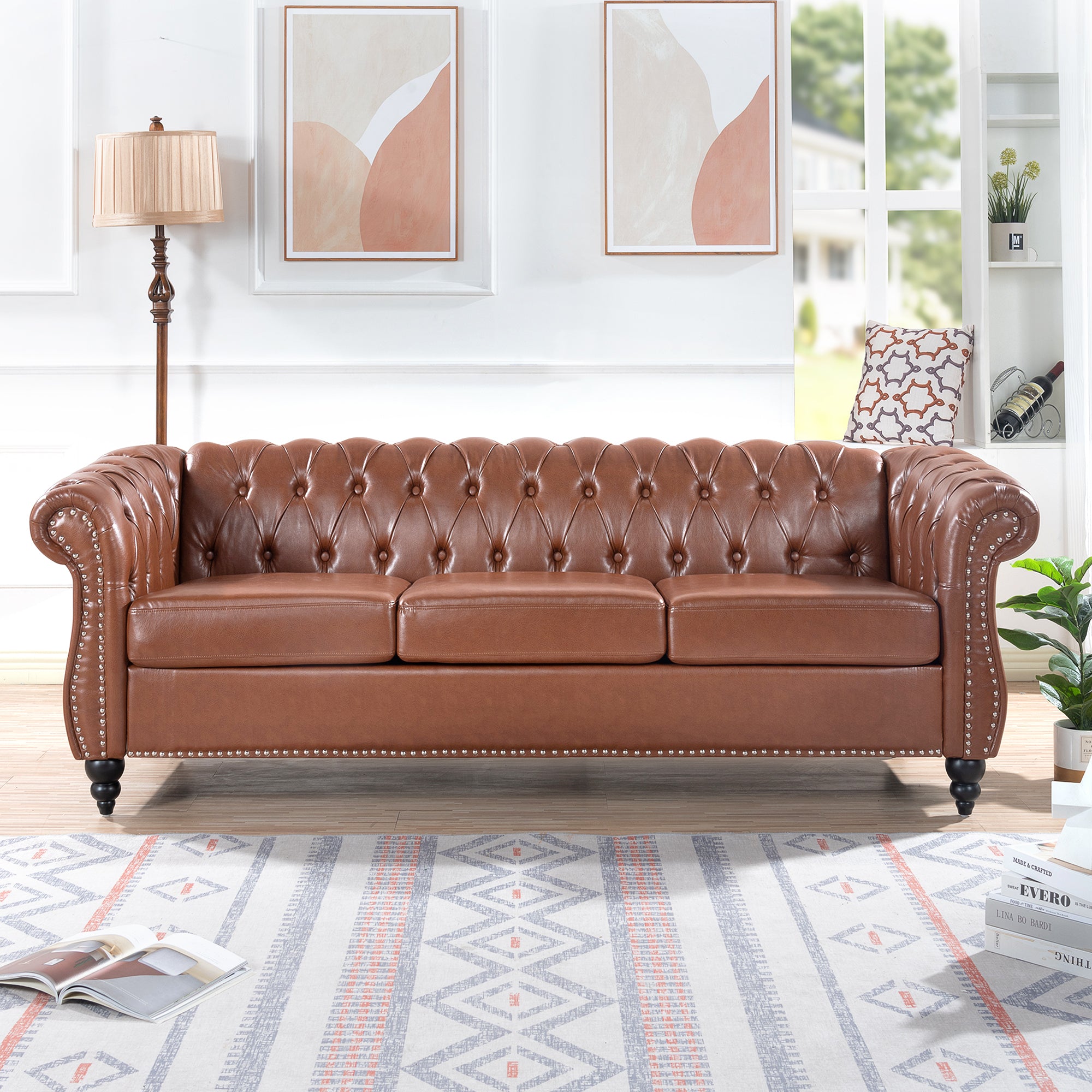 84" Cognac Faux Leather Chesterfield Sofa With Nailhead Trim