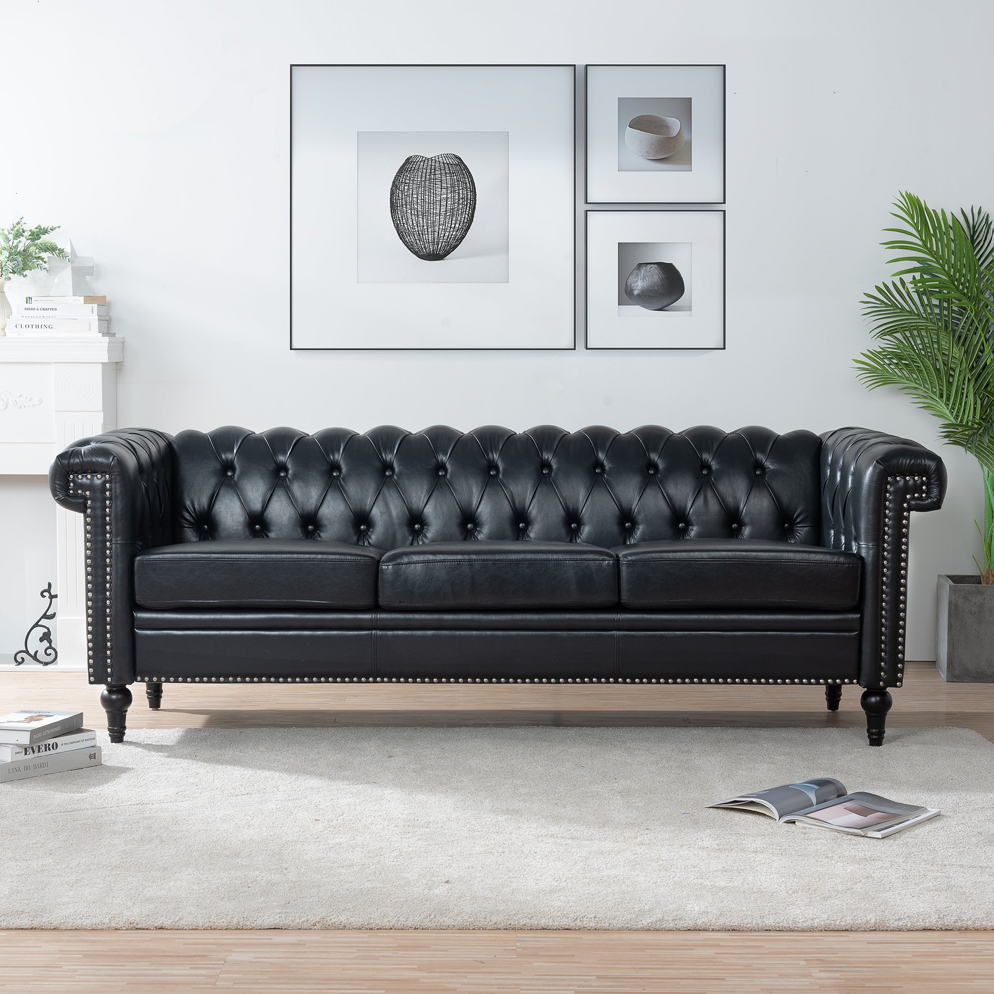 Boston 83" Black Faux Leather Chesterfield Sofa 