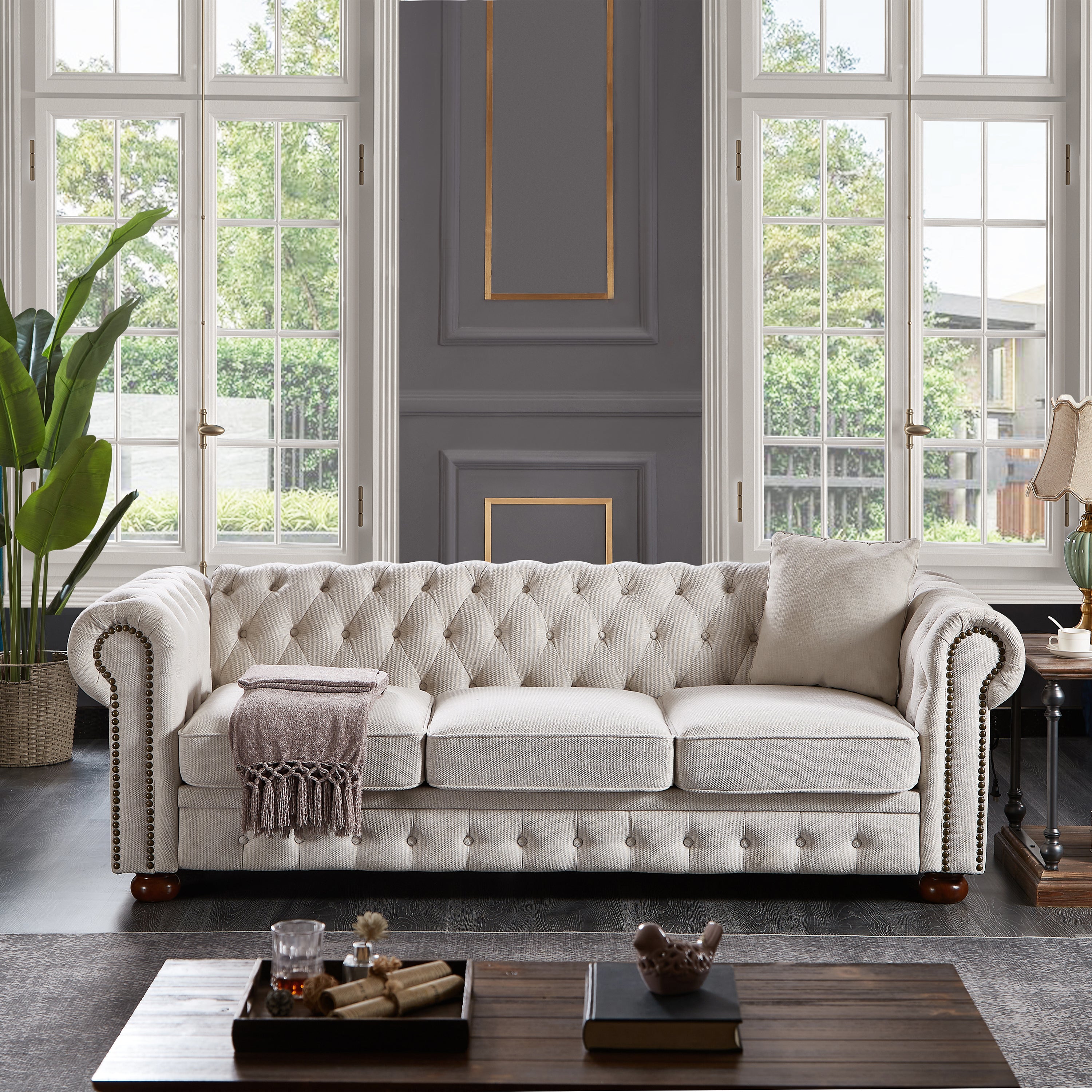 Calvin 88.5" Beige Linen Fabric Chesterfield sofa