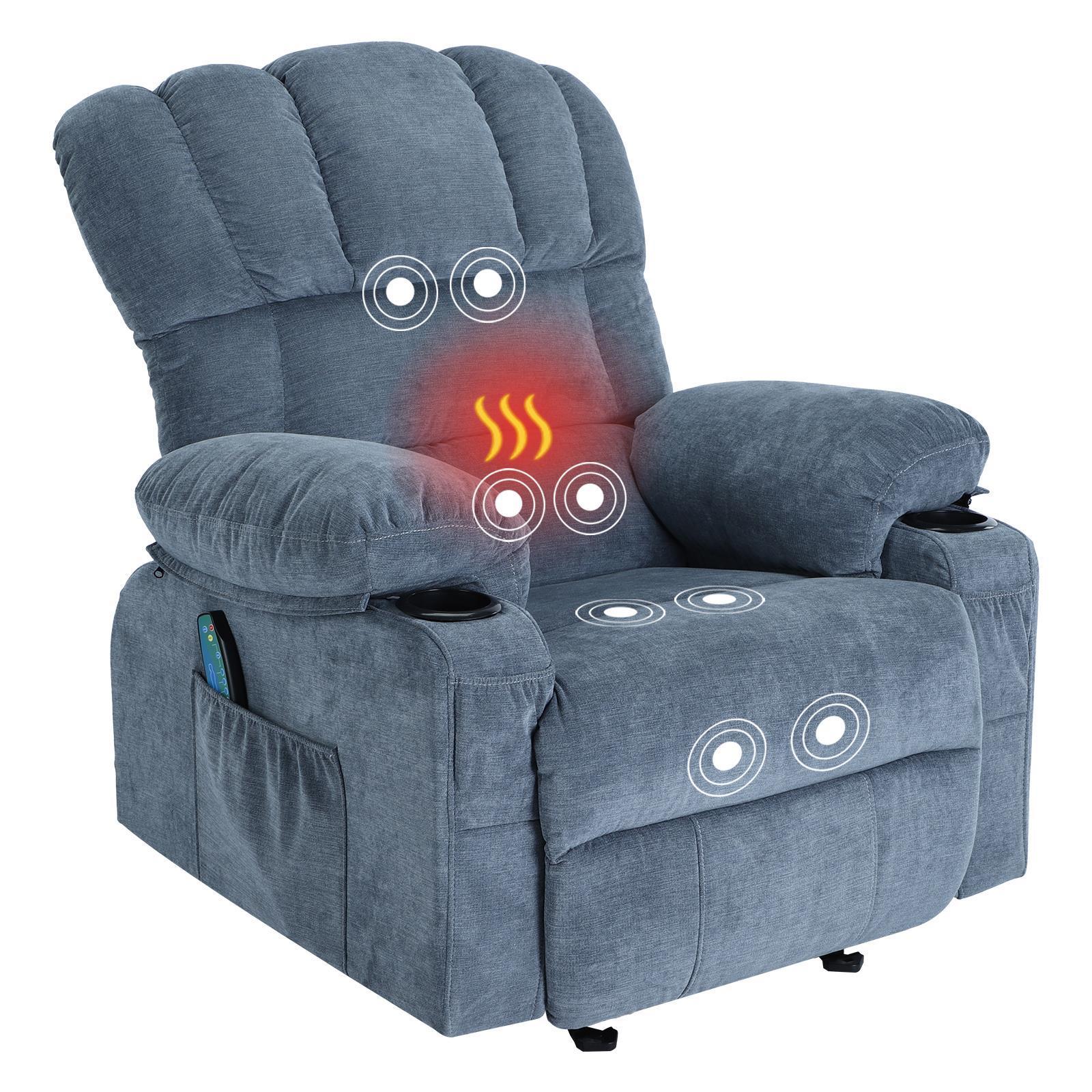 Adam Blue Fabric Recliner Chair with Cupholder and Massage Heat with USB port