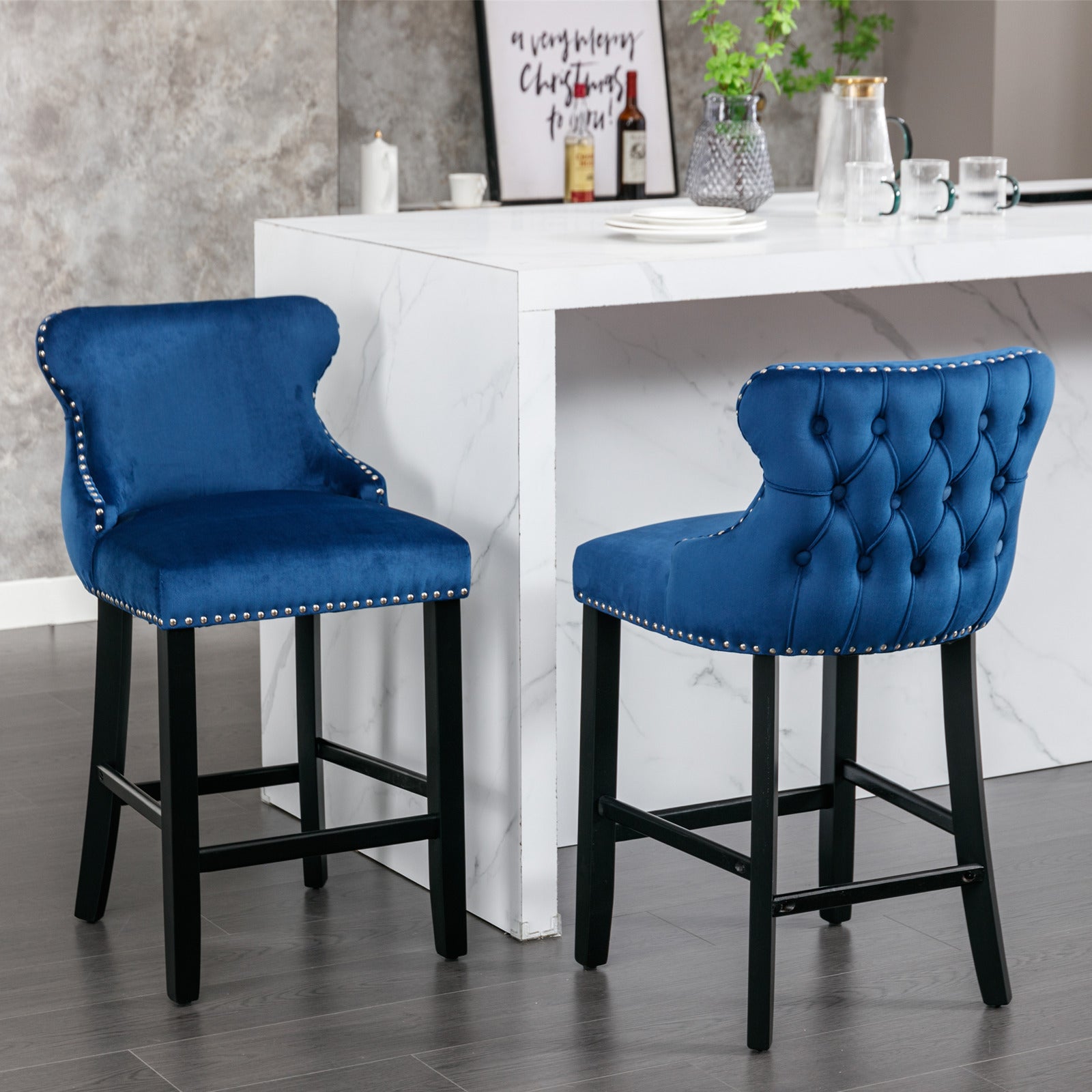 Set of 2 Blue Velvet Counter Stools With Tufted Back and Nailhead Trim