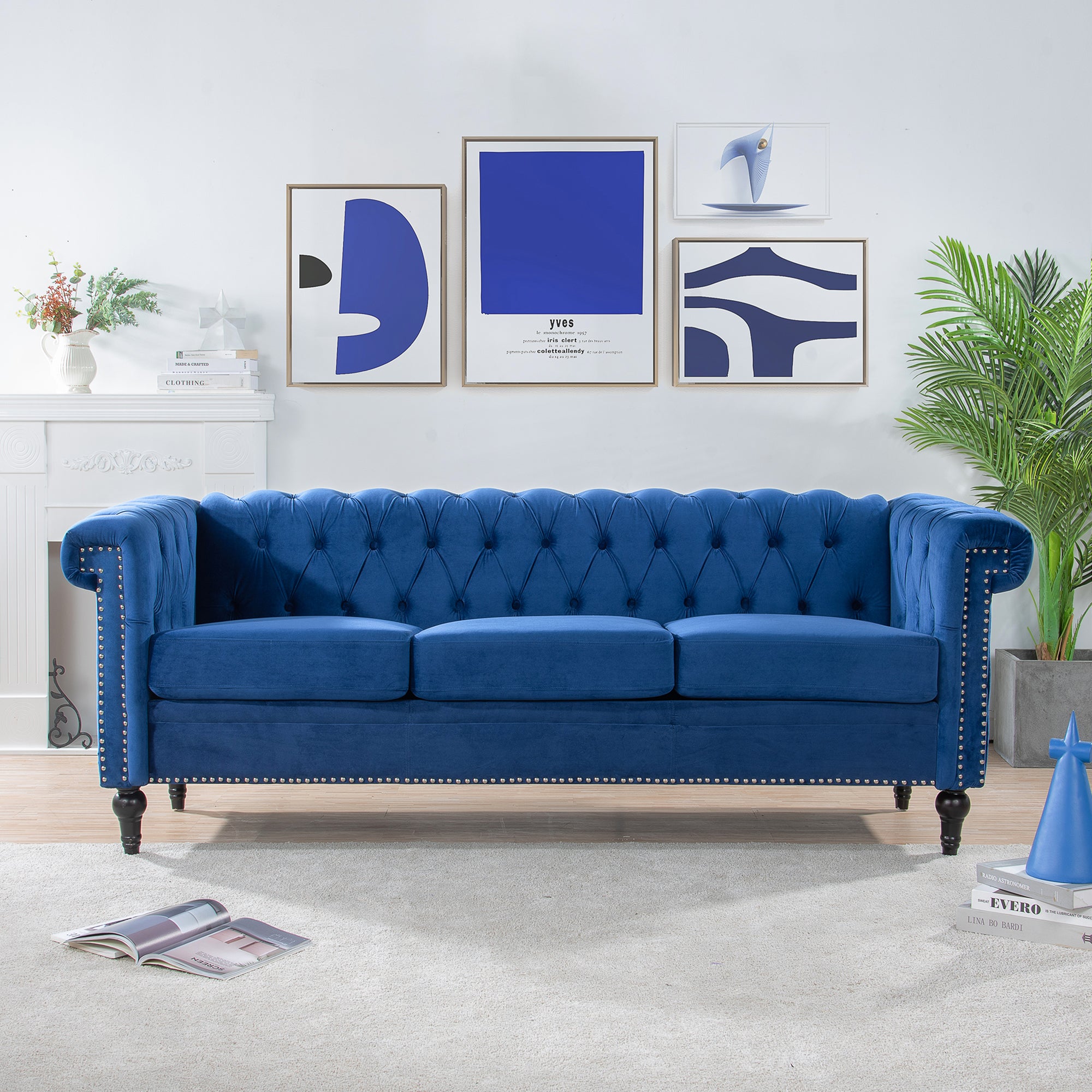 Boston 83" Blue Velvet Chesterfield Sofa with Square Arm nailhead trim