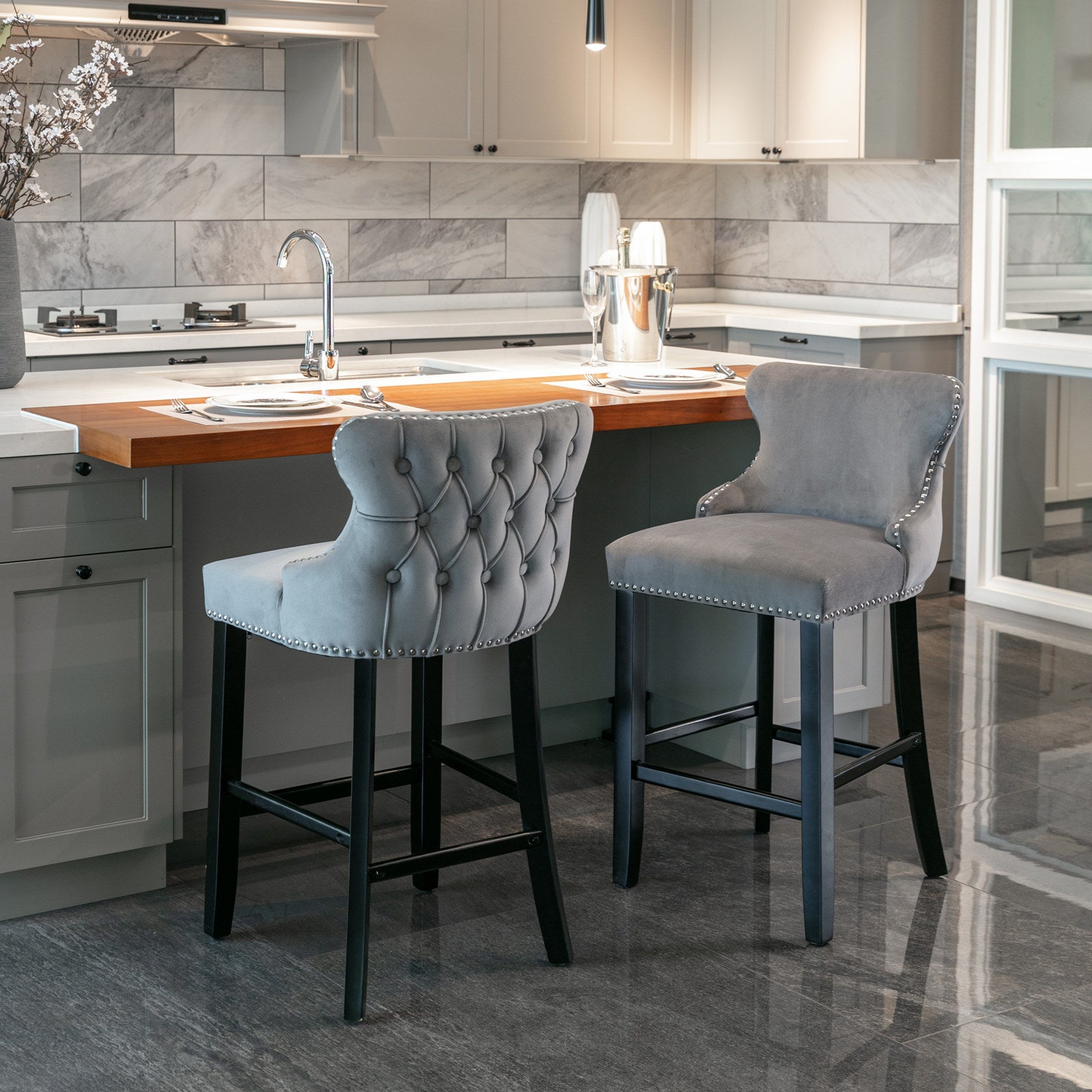 Set of 2 Gray Velvet Counter Height Stools with Tufted Back and Nailhead Trim