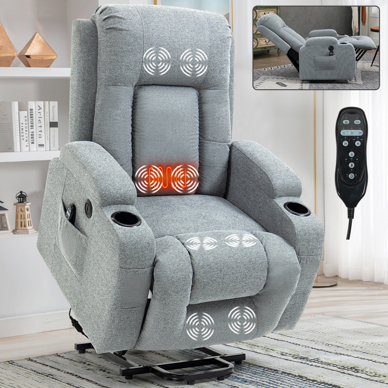 Jerry Linen Power Lift Recliner Chair With 8-Point Vibration Massage and Lumbar Heating, USB Charging Port, Cup Holders