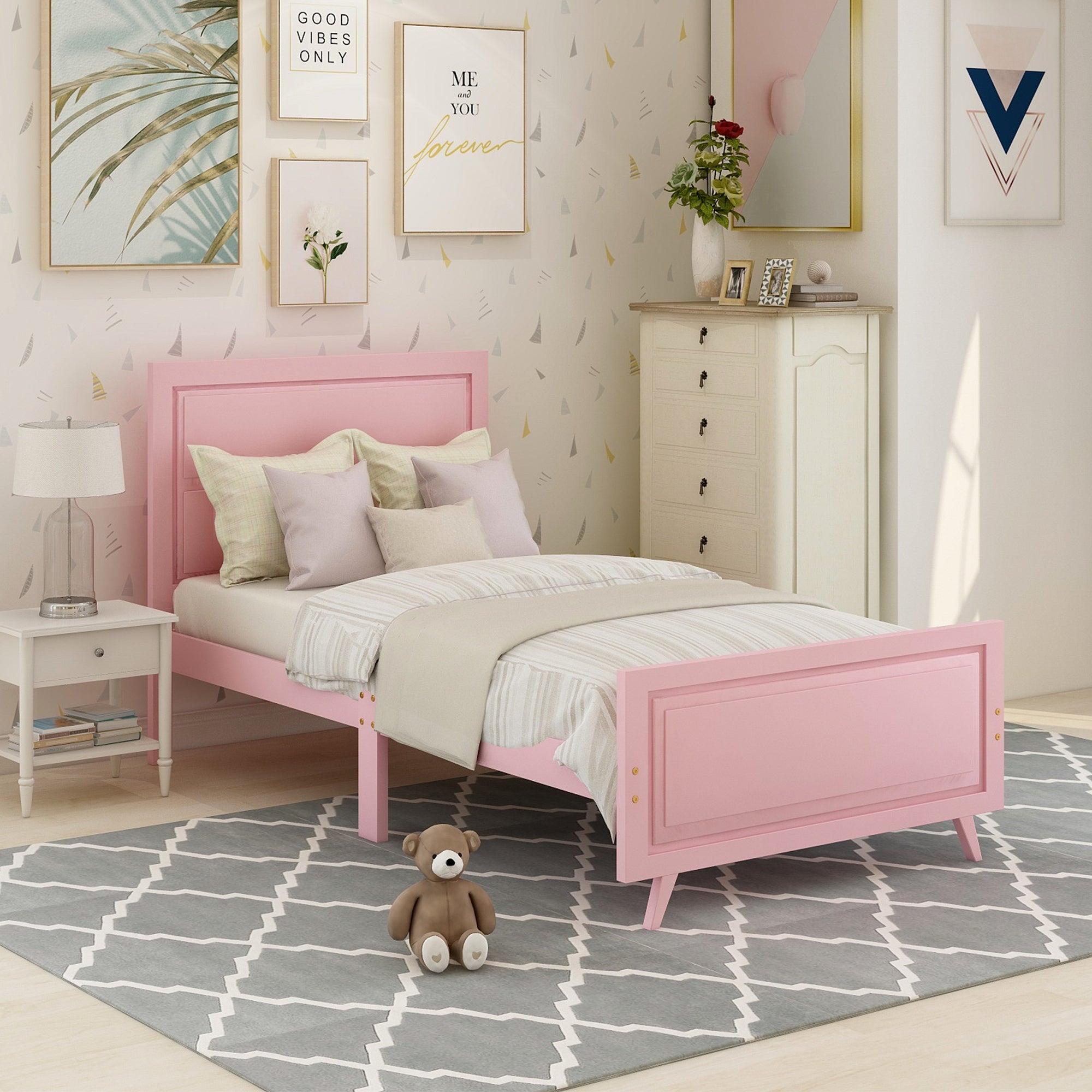 Lilian Pink Twin Solid Wood Platform Bed 