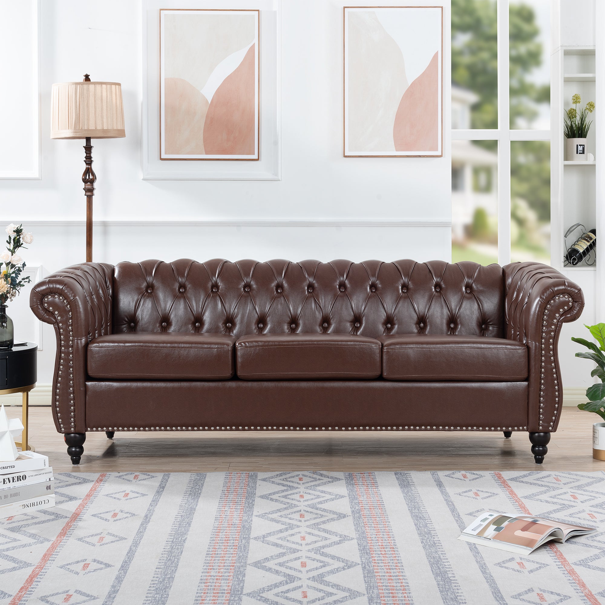 84" Dark Brown Faux Leather Chesterfield Sofa With Nailhead Trim