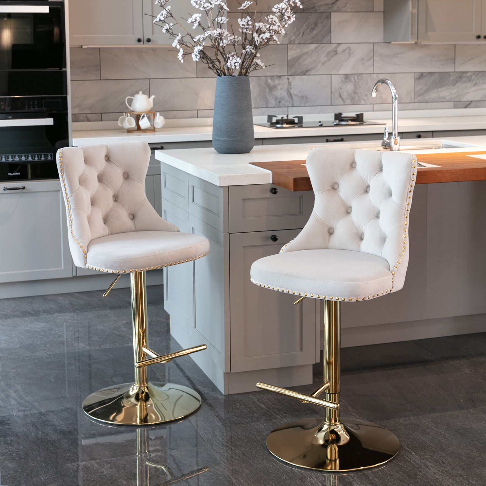 Set of 2 Beige Velvet Modern Swivel Adjustable Height Bar Stools with Gold Legs 